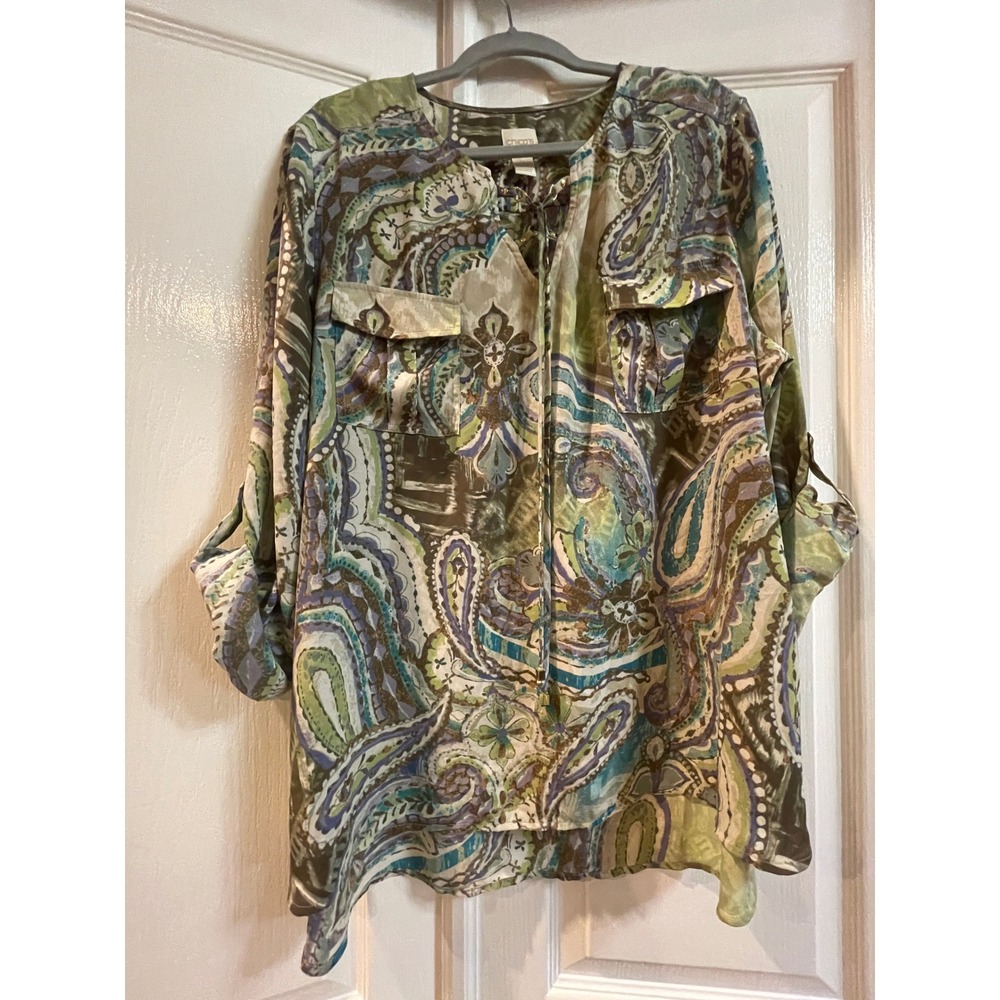 Chico's Paisley Tunic Shirt Womens Size 3 Drawstring Front Pockets Multicolor